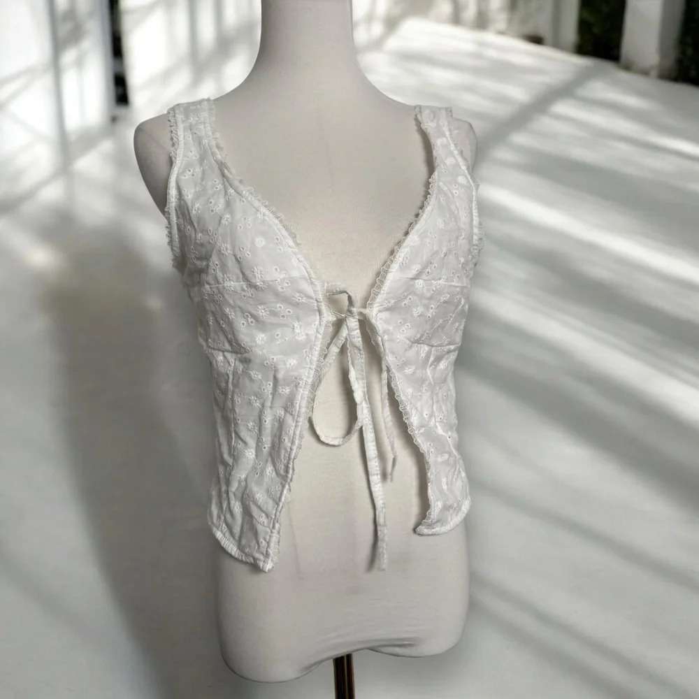 New White Lace eyelet Tie-Front Top cowgirl boho coastal coquette S